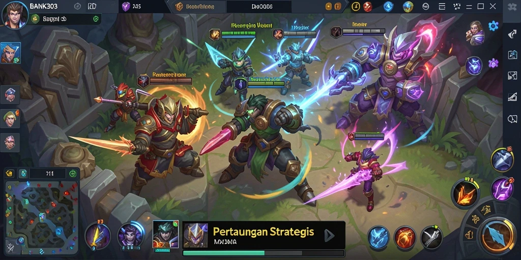 Screenshot utama menunjukan pertarungan epik dalam permainan MOBA.