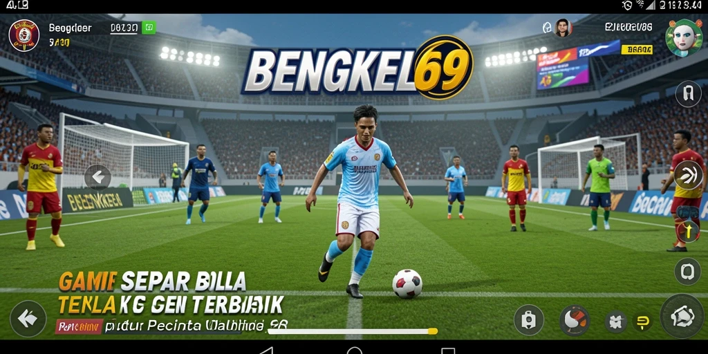 Tangkapan layar dari gameplay BENGKEL69 yang menampilkan aksi sepak bola yang mendebarkan.