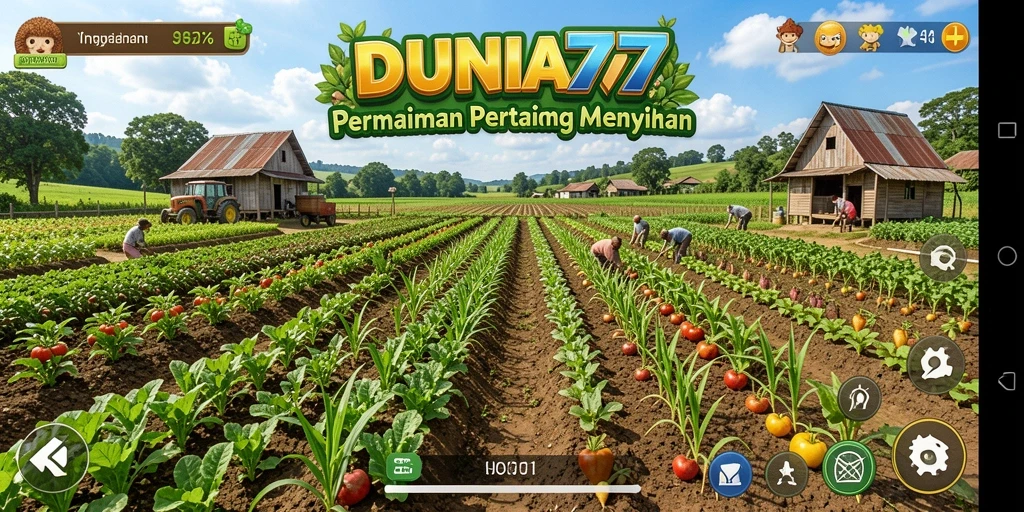 Tampilan gameplay DUNIA77 dengan ladang yang subur dan hewan ternak.