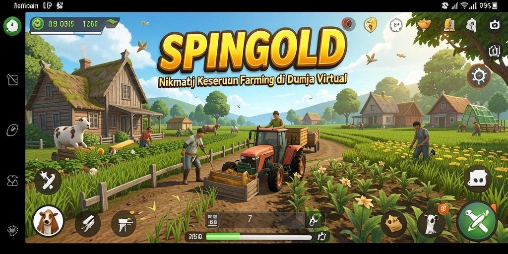 Tampilan utama gameplay SPINGOLD yang menarik dengan kebun subur.